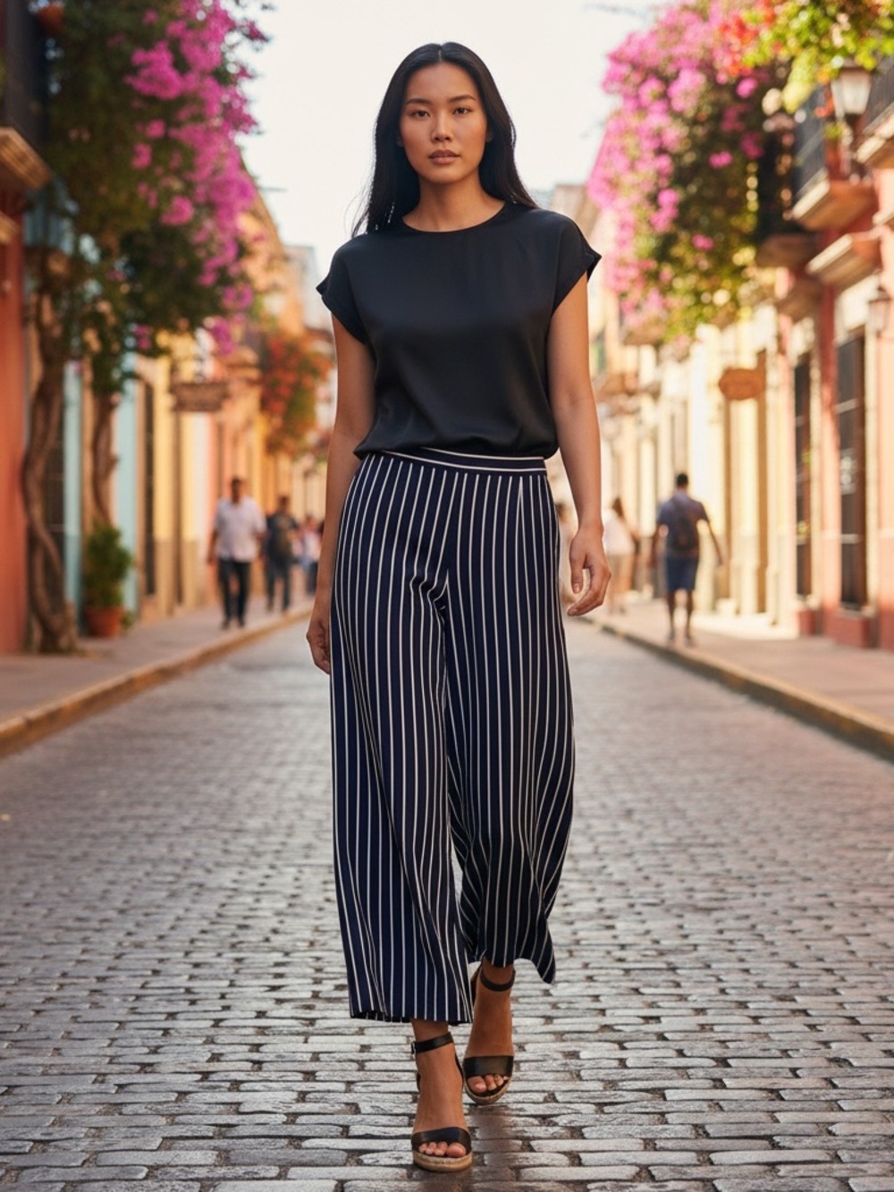 Lauren Ralph Lauren Navy Pinstripe Wide Leg Trousers Chic Office Luxe